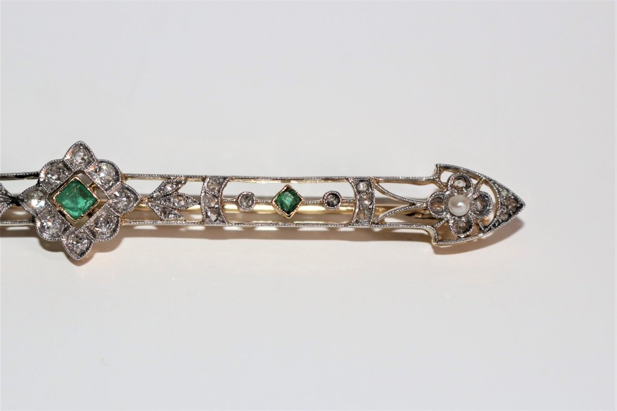 Broche - barrette émeraudes, Perles, Diamants 1900 - Maison Eloe