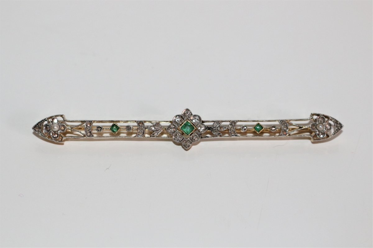 Broche - barrette émeraudes, Perles, Diamants 1900 - Maison Eloe