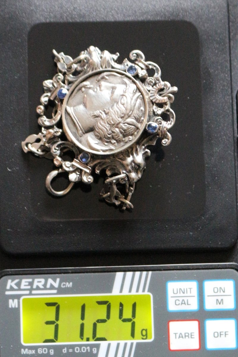 Broche châtelaine ancienne monnaie grecque argent 1880 - Maison Eloe