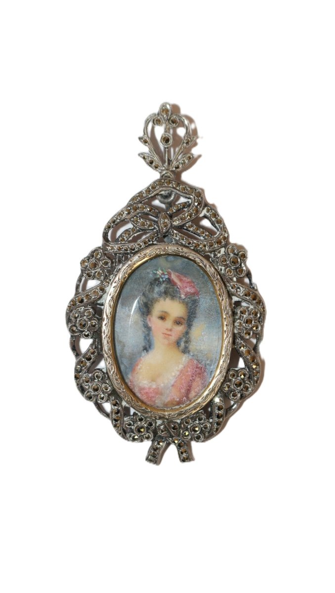 Pendentif broche ancienne miniature et marcassites fin XIXème - Maison Eloe