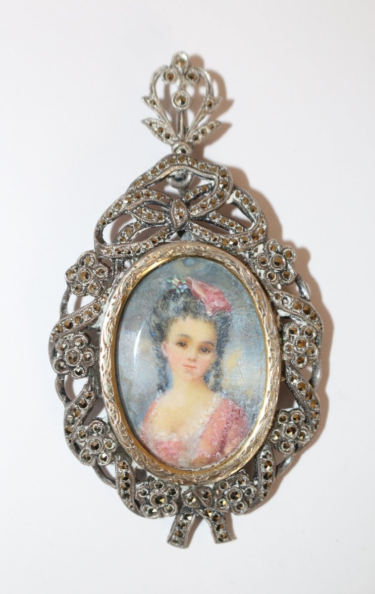 Pendentif broche ancienne miniature et marcassites fin XIXème - Maison Eloe
