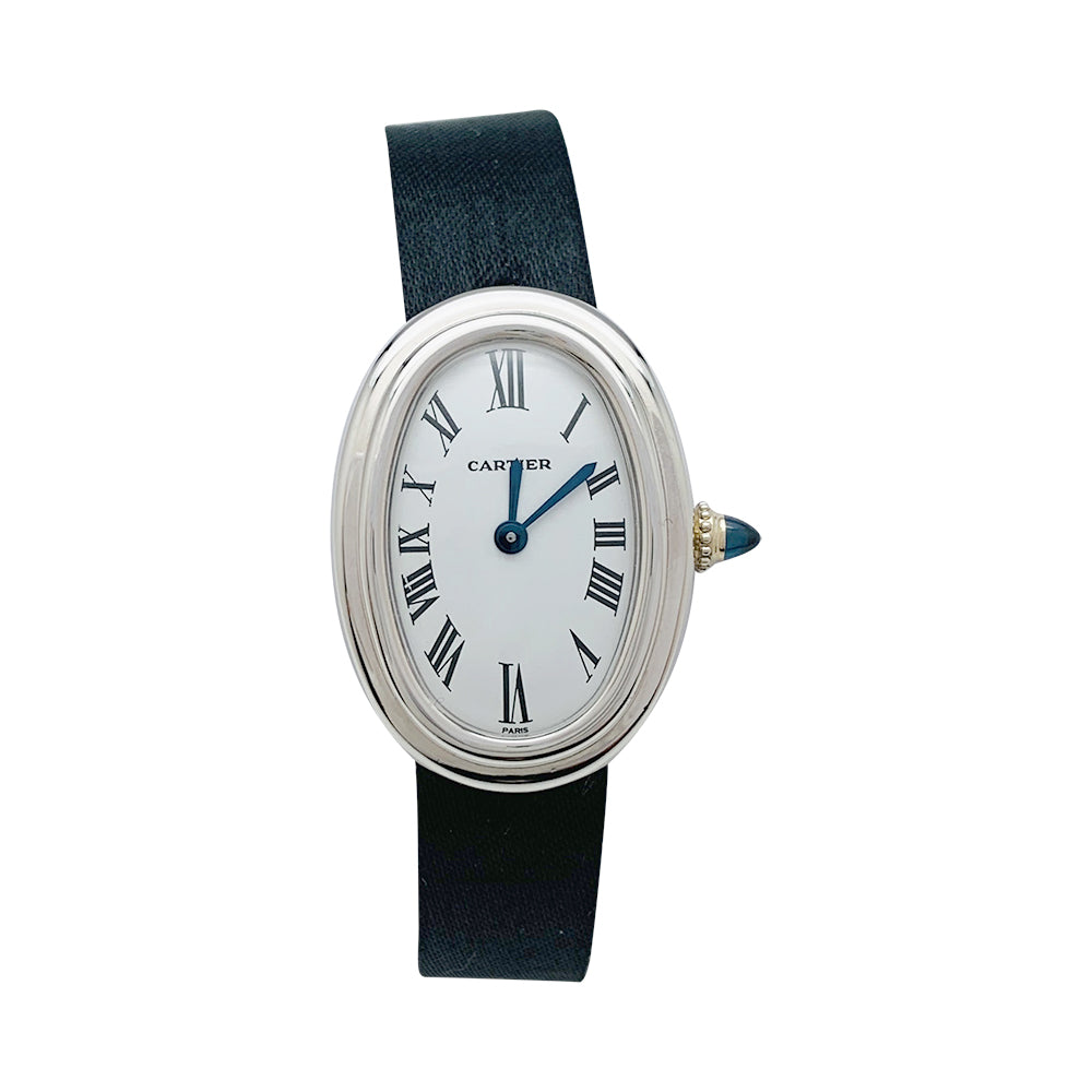 Cartier "Baignoire" model watch in white gold on leather.