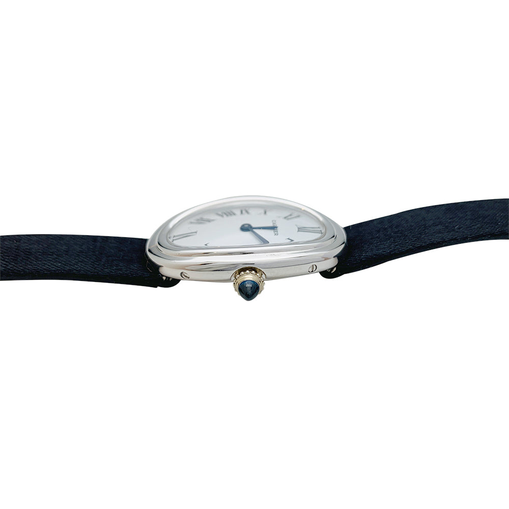 Cartier "Baignoire" model watch in white gold on leather.