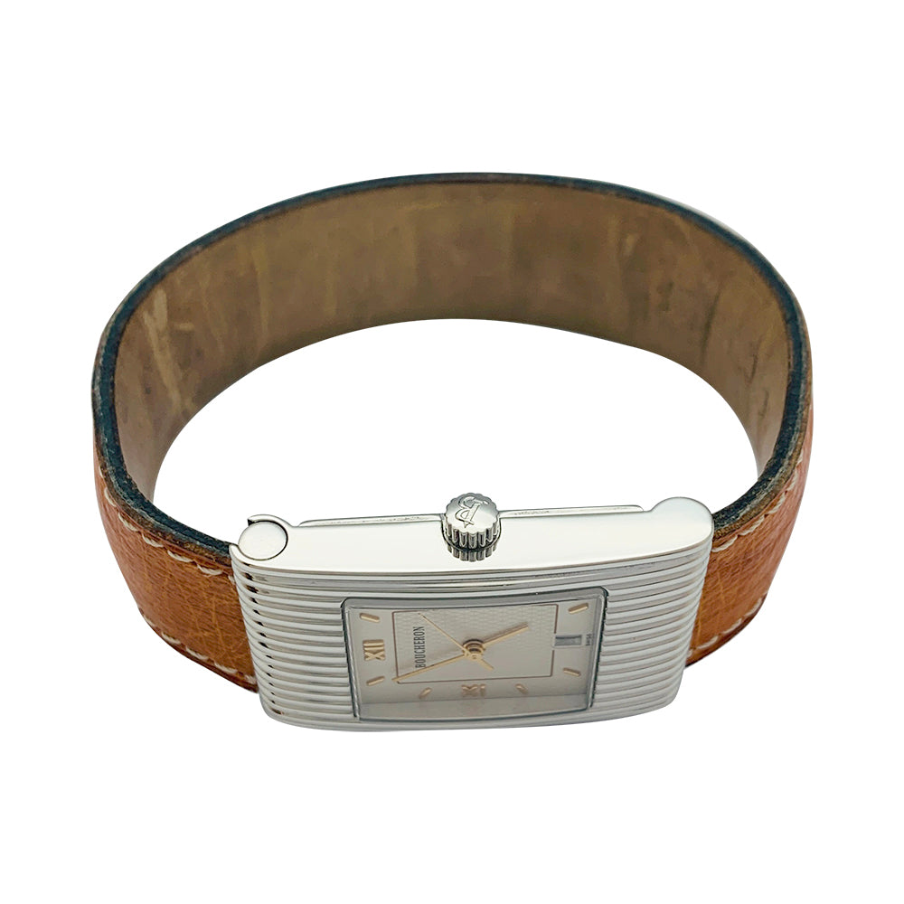 Boucheron watch, "Reflet", in steel on a leather strap.