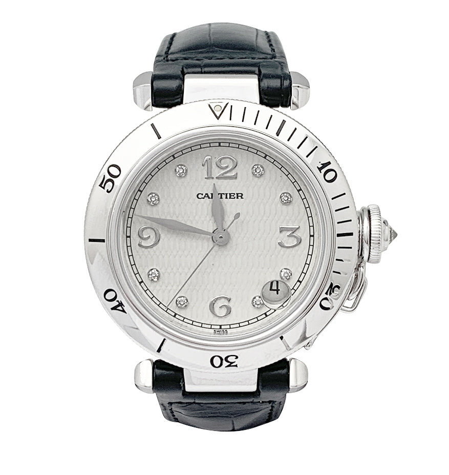 Cartier watch, "Pasha", white gold, diamonds and leather.