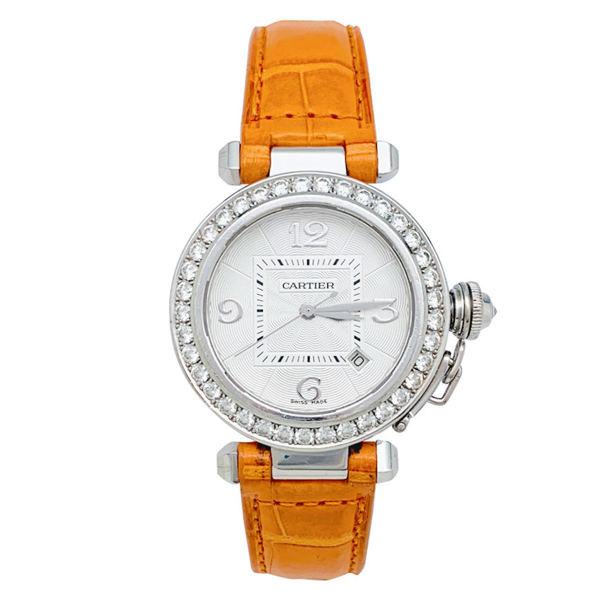 Cartier "Pasha" watch in white gold, diamonds and leather.
