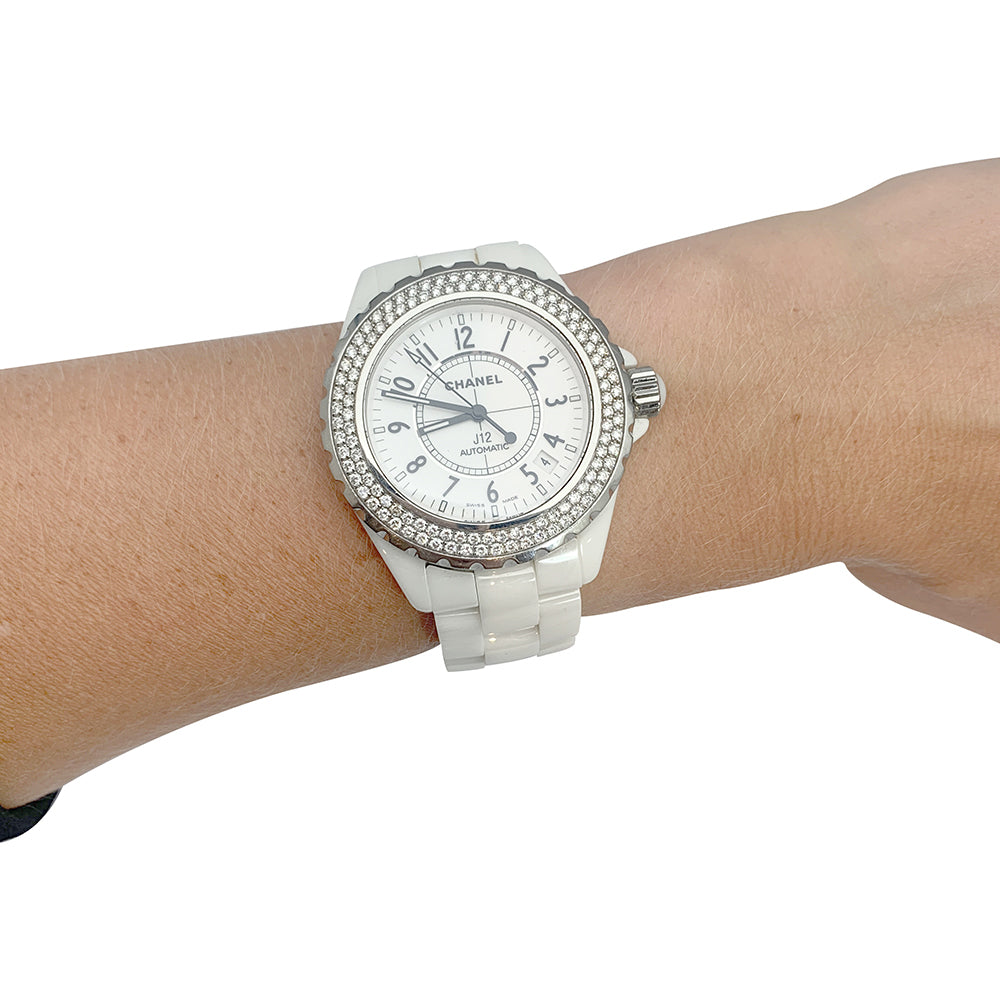 Chanel "J12" watch, white ceramic, diamonds.