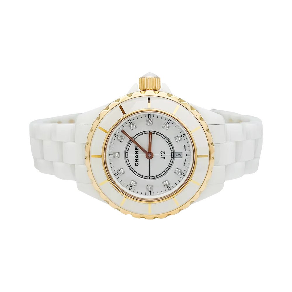 Chanel J12 watch, white ceramic, rose gold and diamonds.