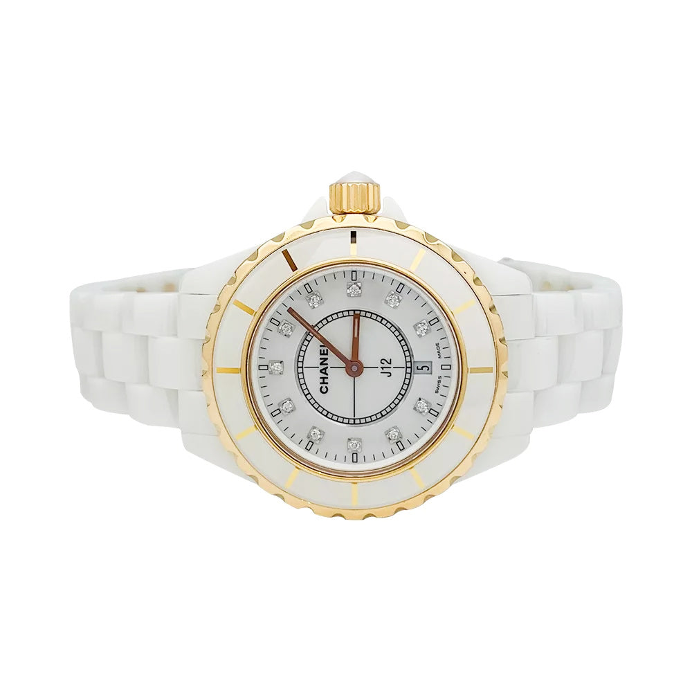 Chanel J12 watch, white ceramic, rose gold and diamonds.