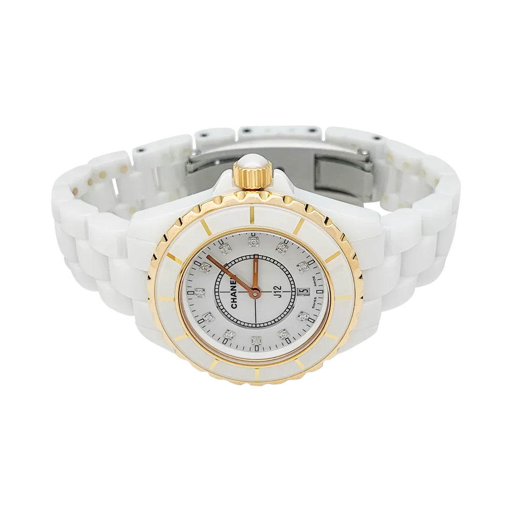 Chanel J12 watch, white ceramic, rose gold and diamonds.
