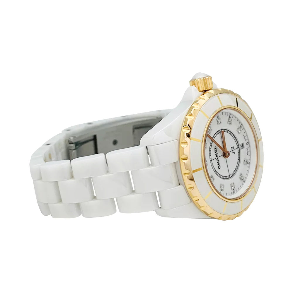 Chanel J12 watch, white ceramic, rose gold and diamonds.