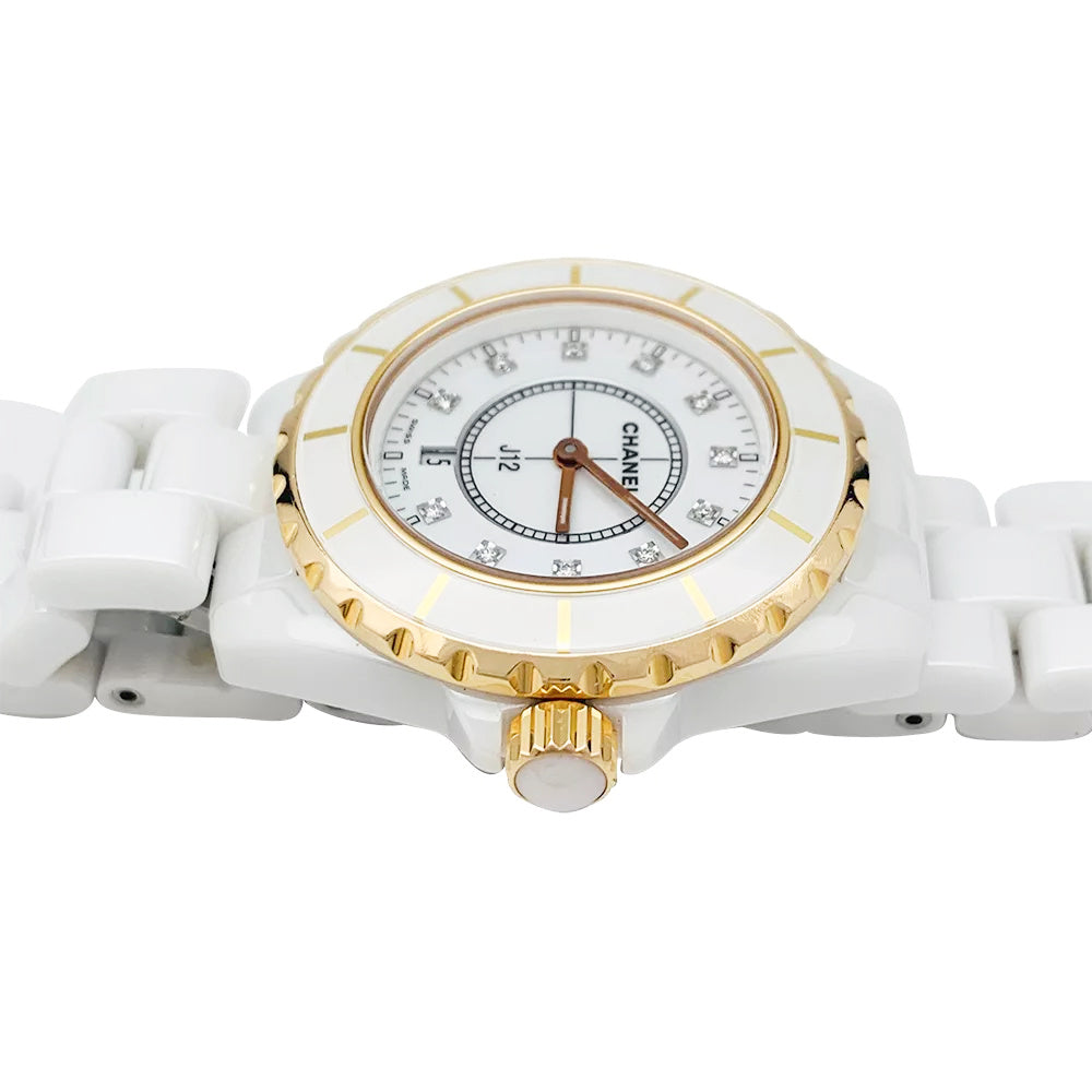 Chanel J12 watch, white ceramic, rose gold and diamonds.