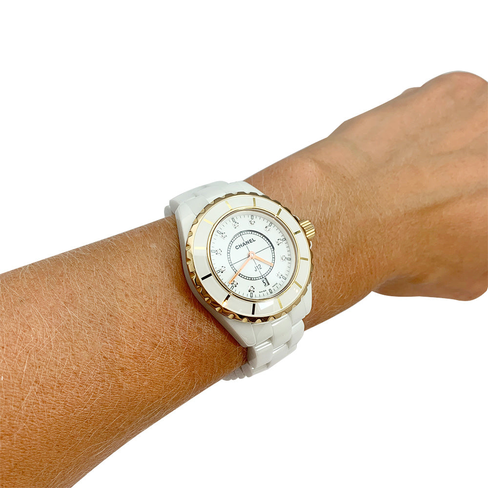 Chanel J12 watch, white ceramic, rose gold and diamonds.
