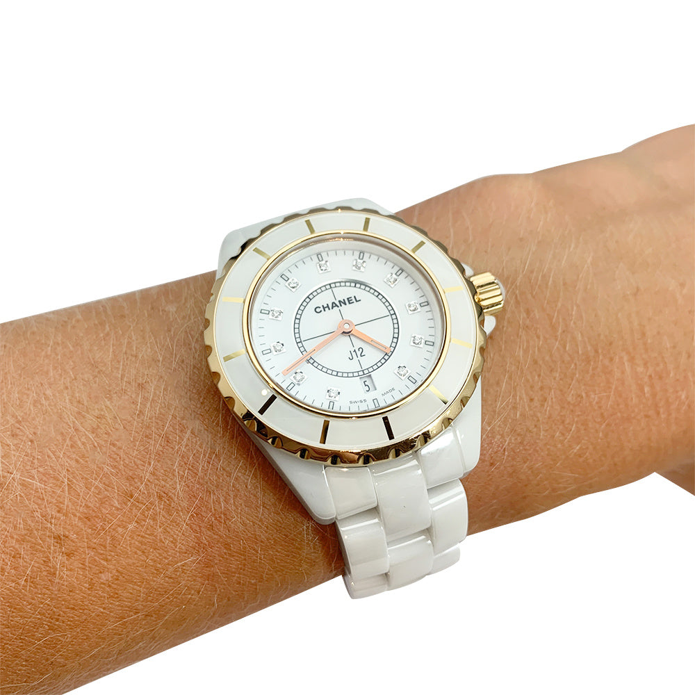 Chanel J12 watch, white ceramic, rose gold and diamonds.