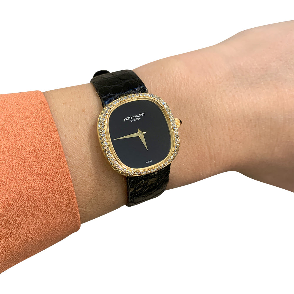Patek Philippe "Ellipse" watch in yellow gold, diamonds, leather