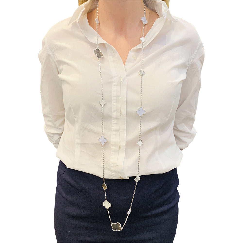 Van Cleef &amp; Arpels "Magic Alhambra" necklace in white gold, chalcedony and mother-of-pearl.