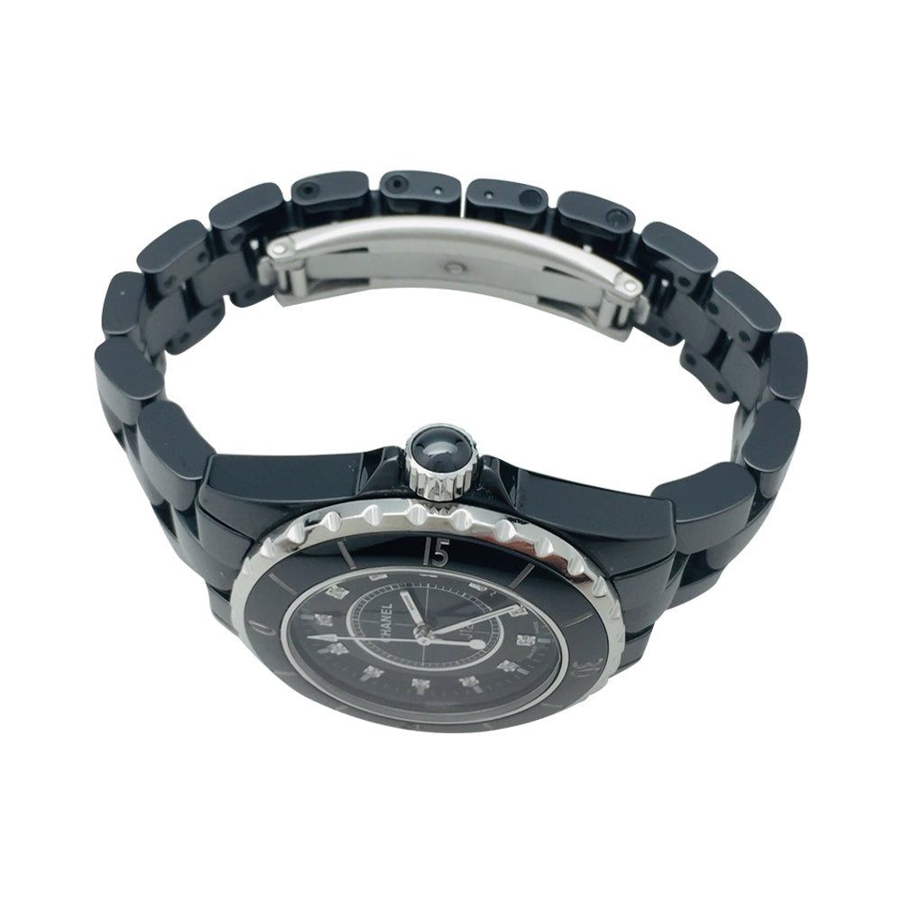 Chanel J12 black ceramic watch with diamonds.