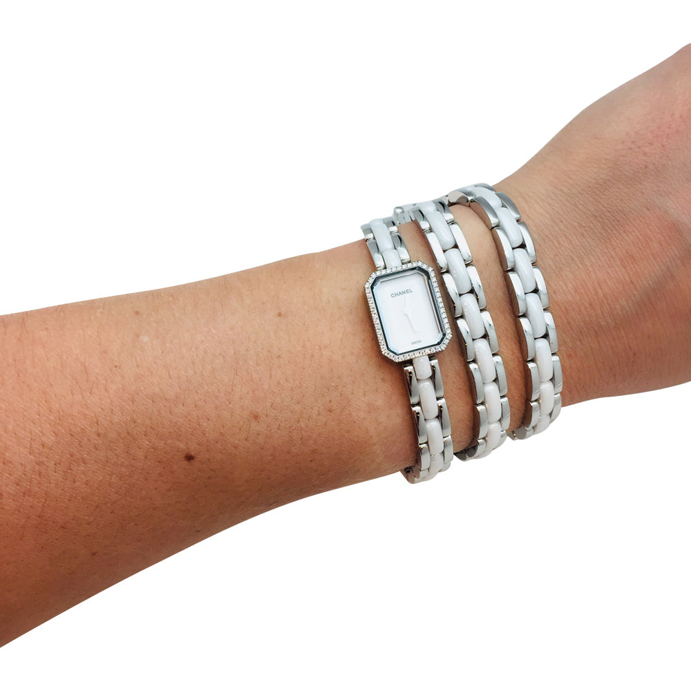 Chanel watch, "Première Céramique", steel, ceramic, diamonds.