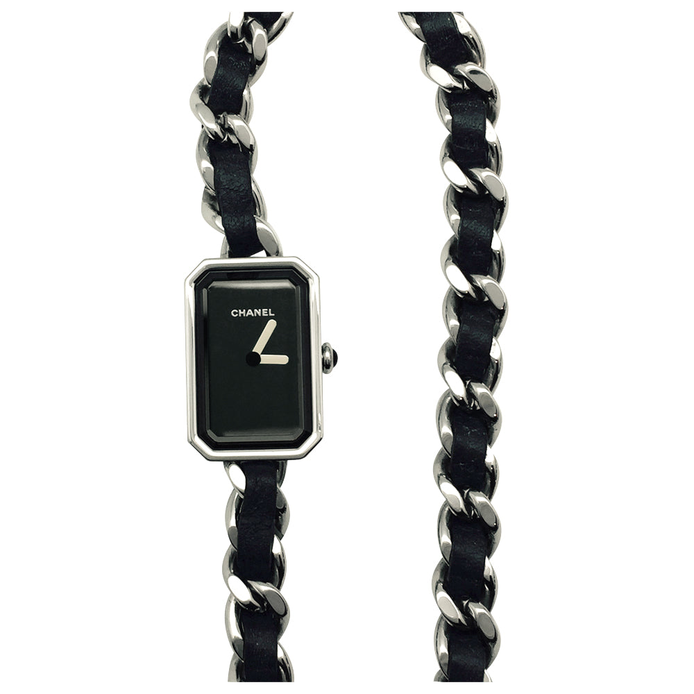Chanel "Première Rock" steel and leather watch.