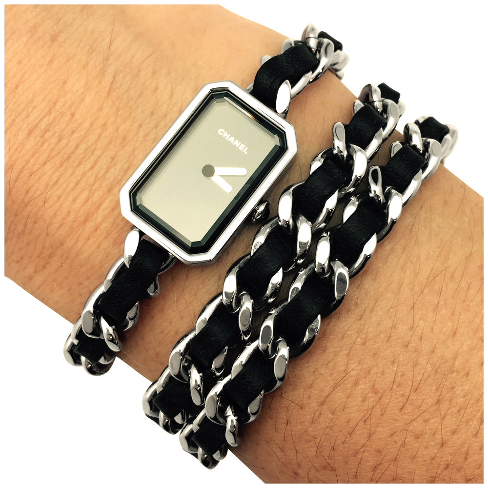 Chanel "Première Rock" steel and leather watch.