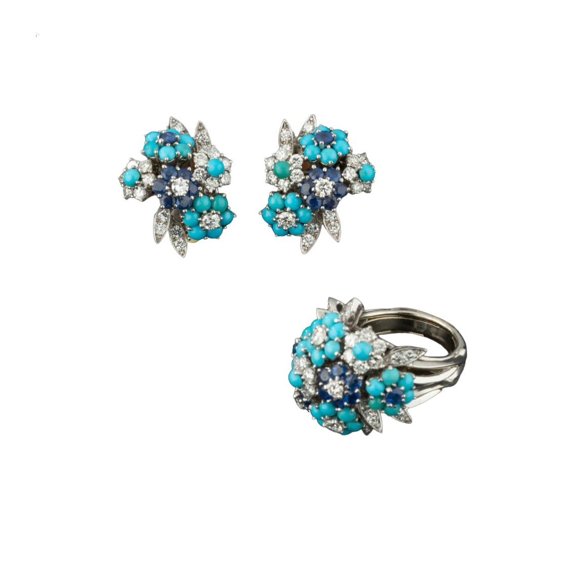 Gold and platinum earrings set with diamonds, turquoises and sapphires Alfred HANNE