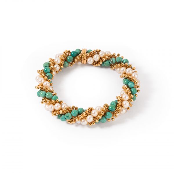 Bracelet Van Cleef & Arpels, modèle “Twist”, or jaune, perles de culture et turquoise.